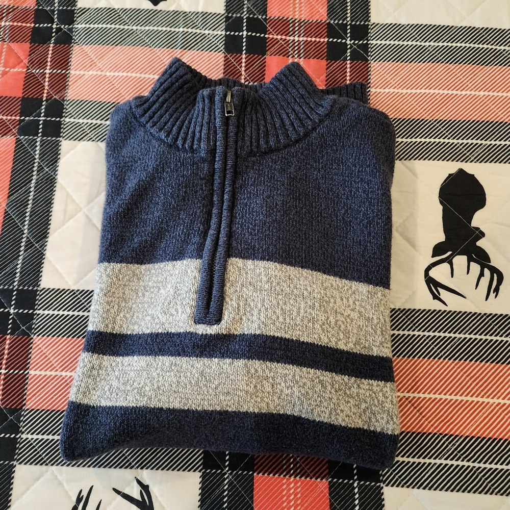 Urban Pipeline Striped Quarter-Zip Knit Pullover Sweater - Navy/Gray Size L